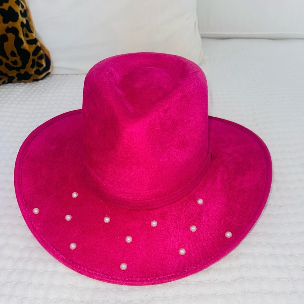 Pink Suede Women's Hat with Pearl Accents